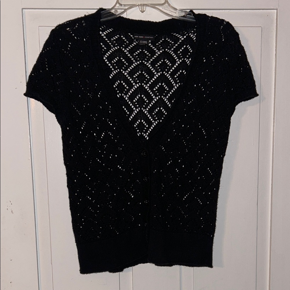 Vintage Women’s Black Short Sleeve Knit Cardigan Medium Dark Cottage Dark Fairy